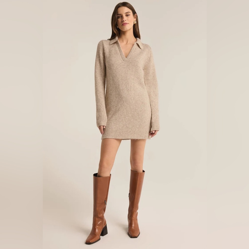 Z Supply Redford Polo Sweater Mini Dress Light Oatmeal Heather NWT